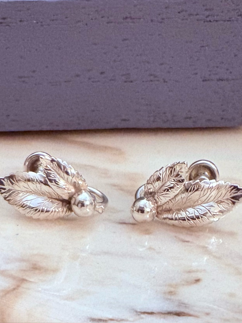 DANECRAFT 925 Sterling Silver Antique Art Deco Leaf Screw Back Earrings FIRM - Picture 6 of 10